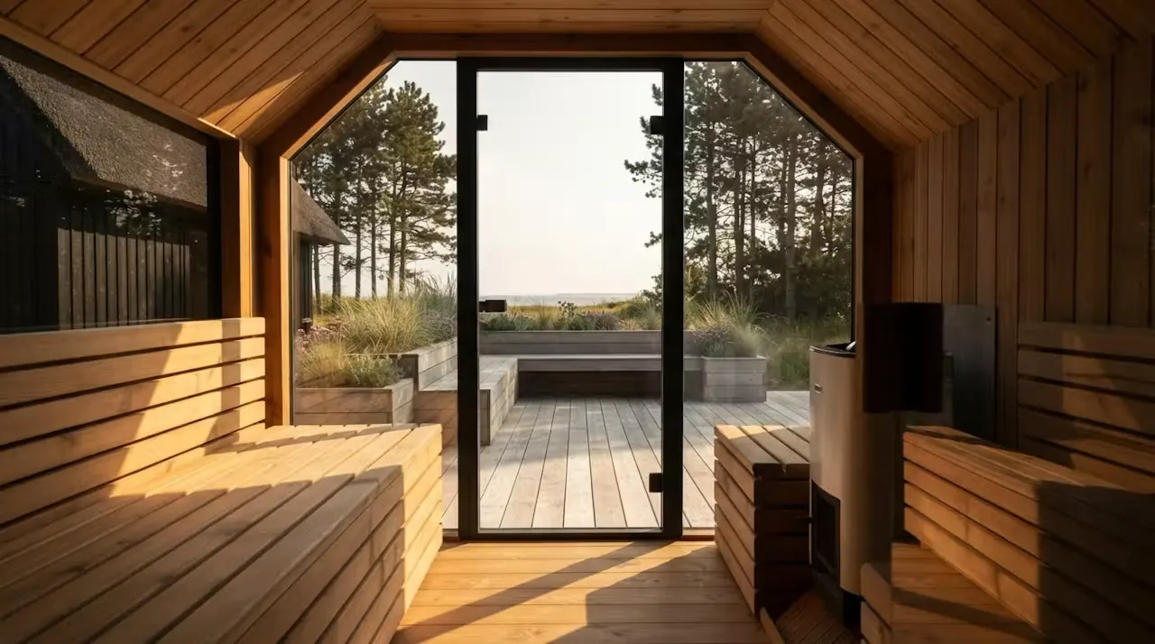 Sauna indefra med panoramavindue mod kyst og klitter