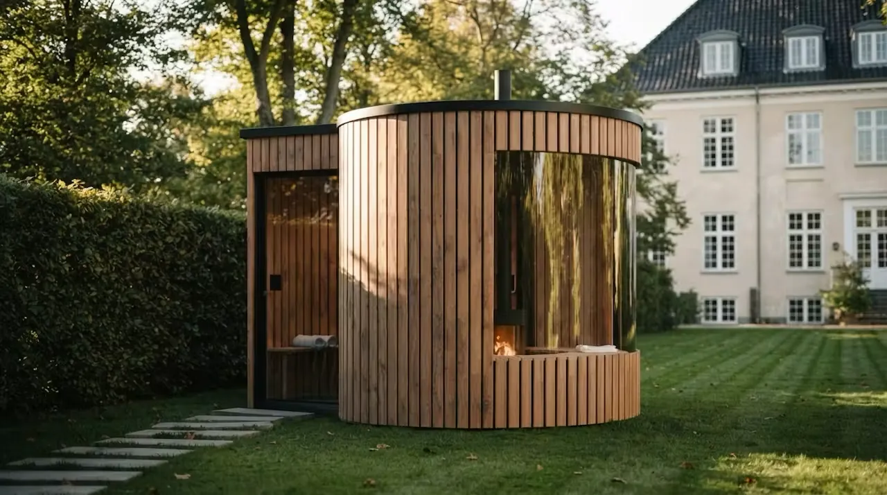 Rund Archa sauna i haven foran klassisk hvid villa