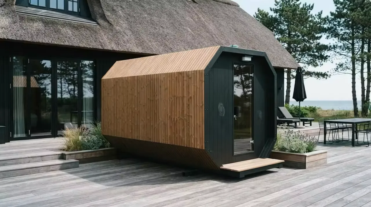 Archa sauna på terrasse ved stråtækt sommerhus nær havet